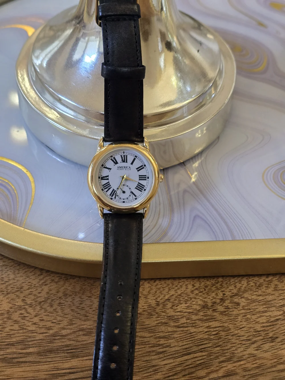 Perry Ellis Men’s Gold Case Black Leather Watch